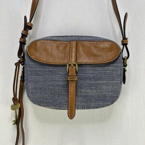Fossil Purse Crossbody Leather & Denim Soft Navy/Tan with Braded Fringe Small